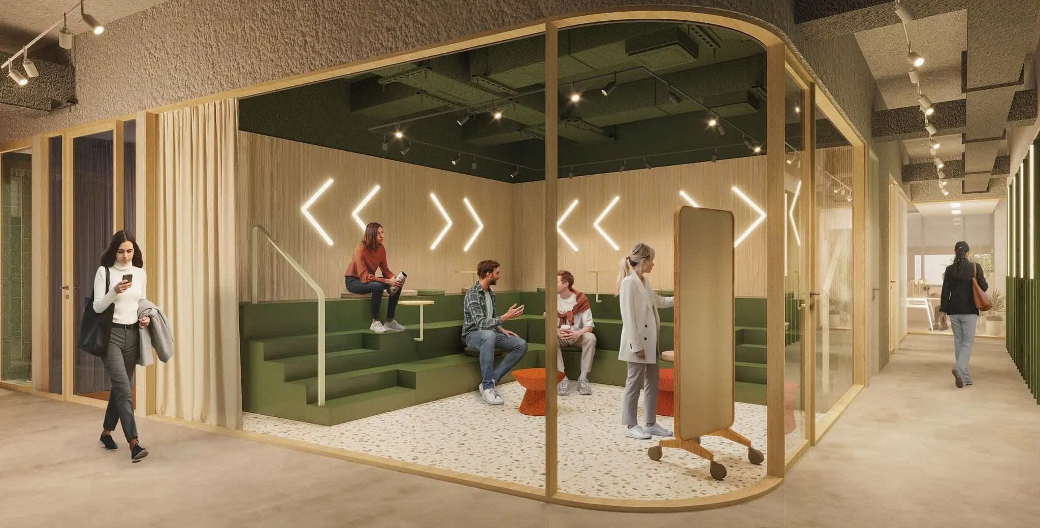 Moderne kantoorruimte aan de Marten Meesweg met glazen vergaderruimte waar mensen informeel overleggen op groene tribunezitjes.